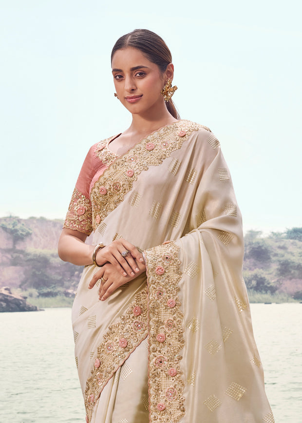Ivory Woven Embroidered Satin Silk Saree