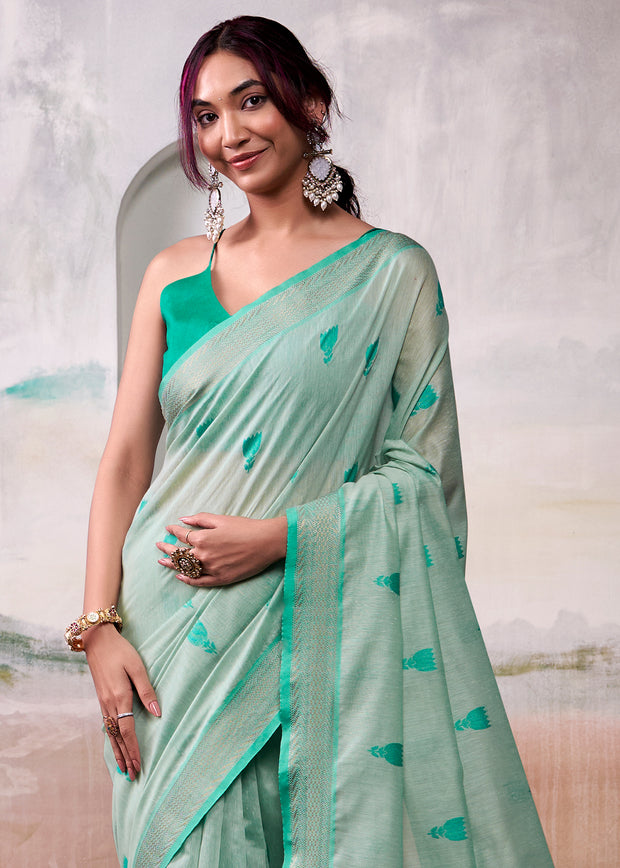 Mint Green Woven Banarasi Cotton Silk Saree