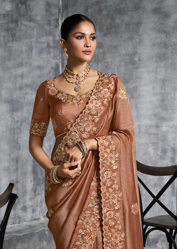 Hazel Brown Embroidered Tissue Silk Saree