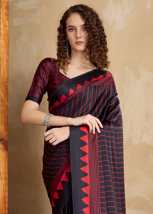 Pirate Black Printed Satin Silk Saree