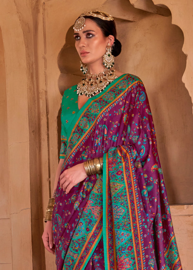 Sparkling Purple Printed Kashmiri Jamewar Saree