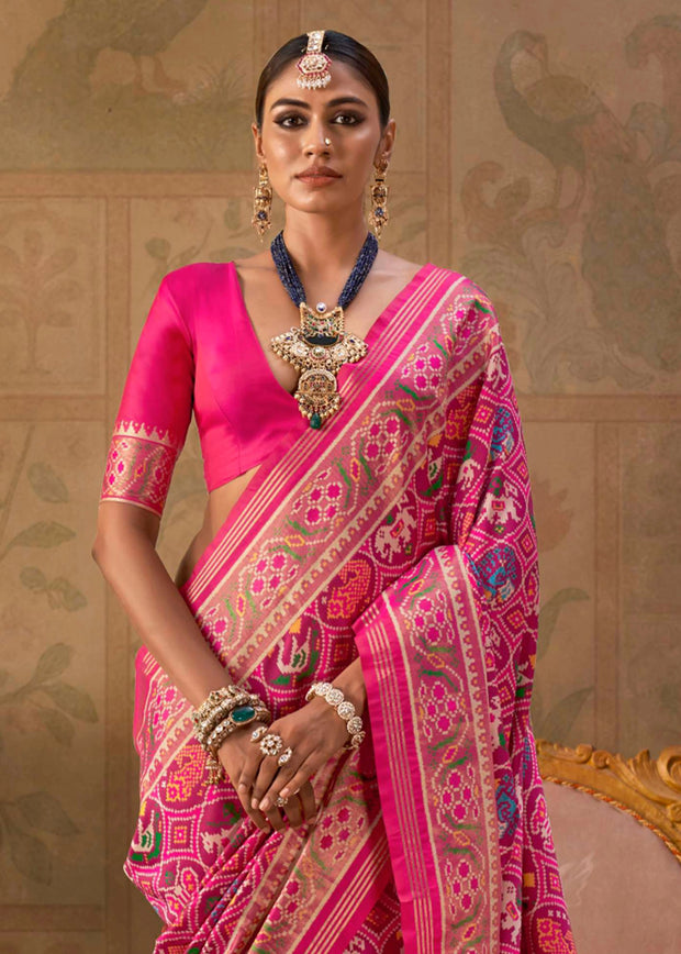 Hot Pink Printed Patola Silk Saree