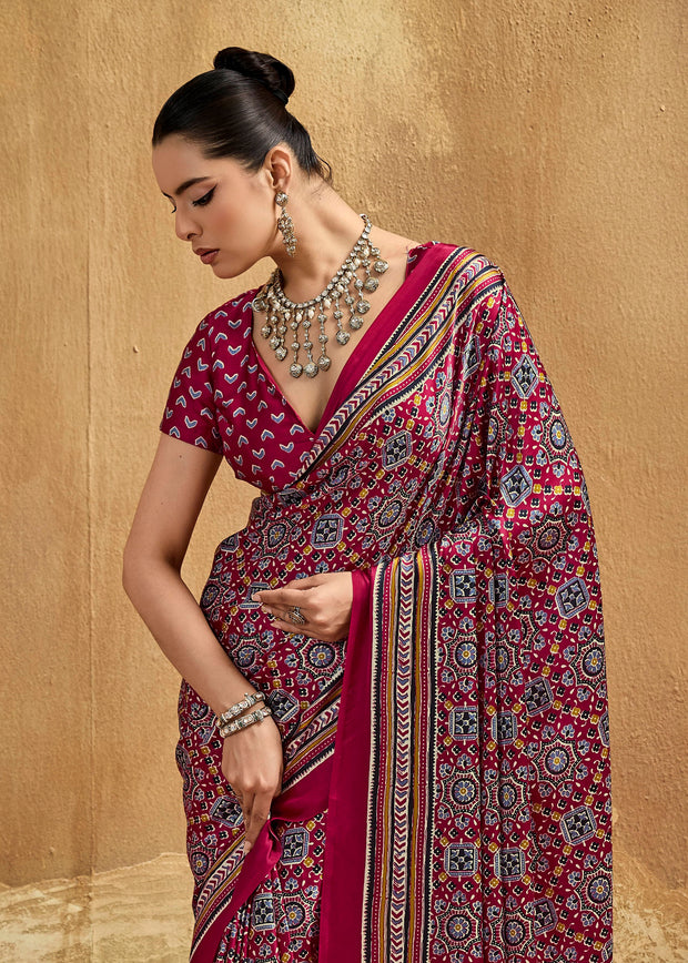 Beet Red Printed Satin Silk Saree