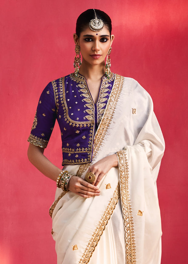 Off White Embroidered Soft Silk Saree With Contrast Blouse