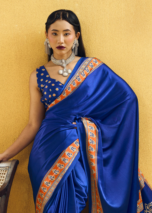 Cobalt Blue Satin Silk Saree with Ajrakh Printed Pallu and Blouse