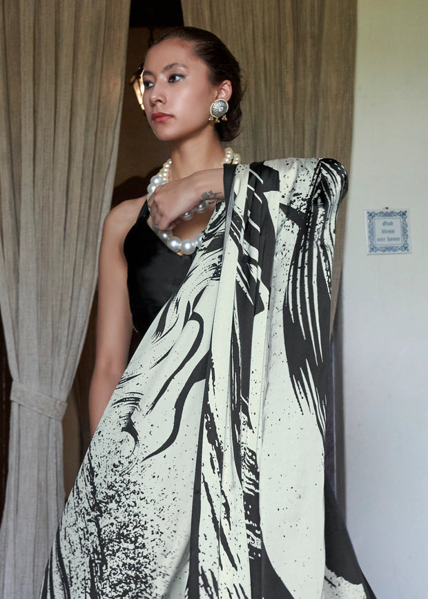Black White Printed Satin Crepe Saree