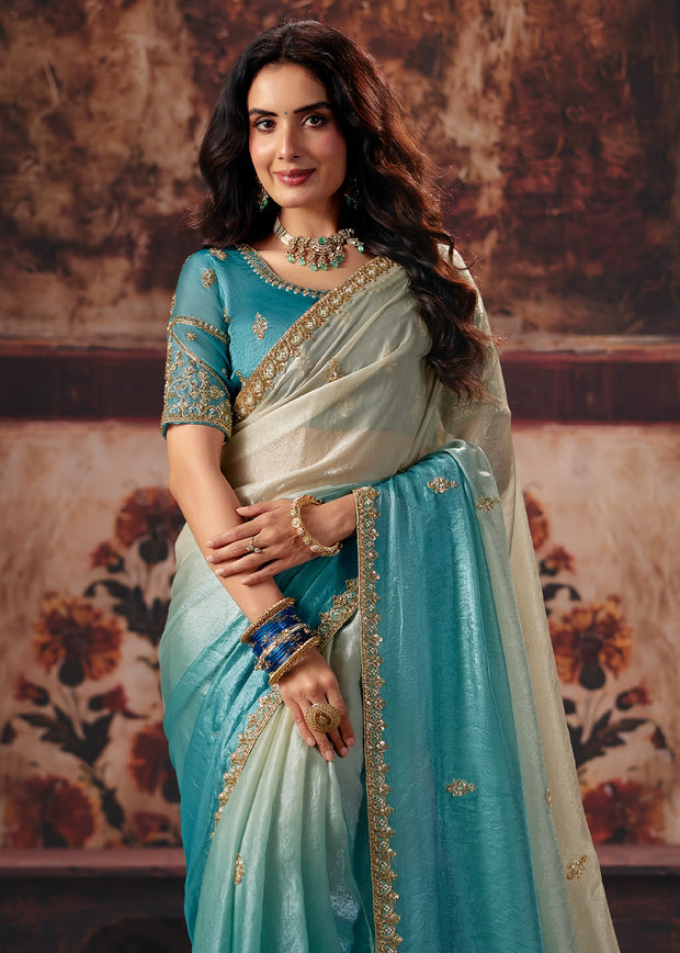 Cream And Blue Designer Satin Silk Saree With Embroidered Blouse
