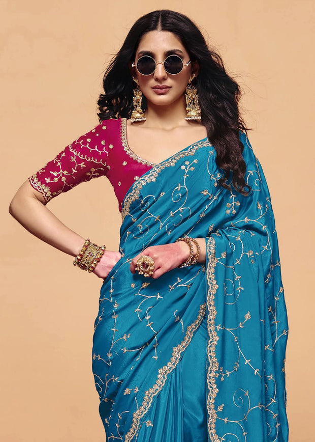 Heritage Blue Embroidered Designer Tissue Saree