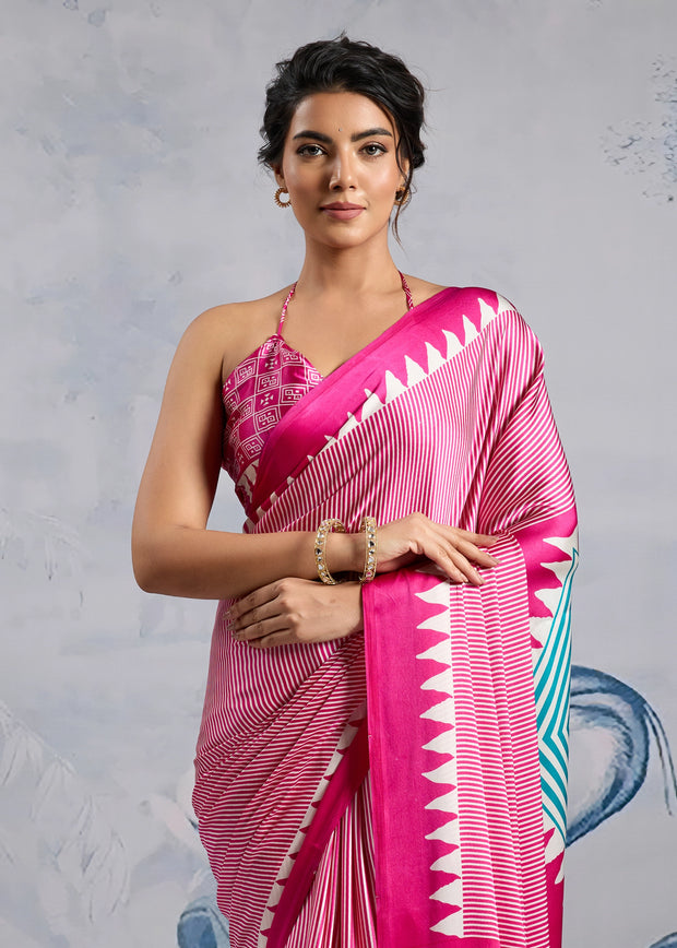 Fuchsia Pink Printed Satin Silk Saree