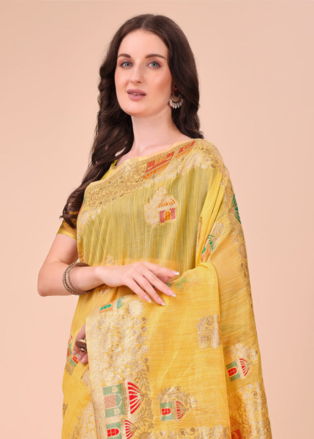 Blazing Yellow Woven Linen Cotton Silk Saree