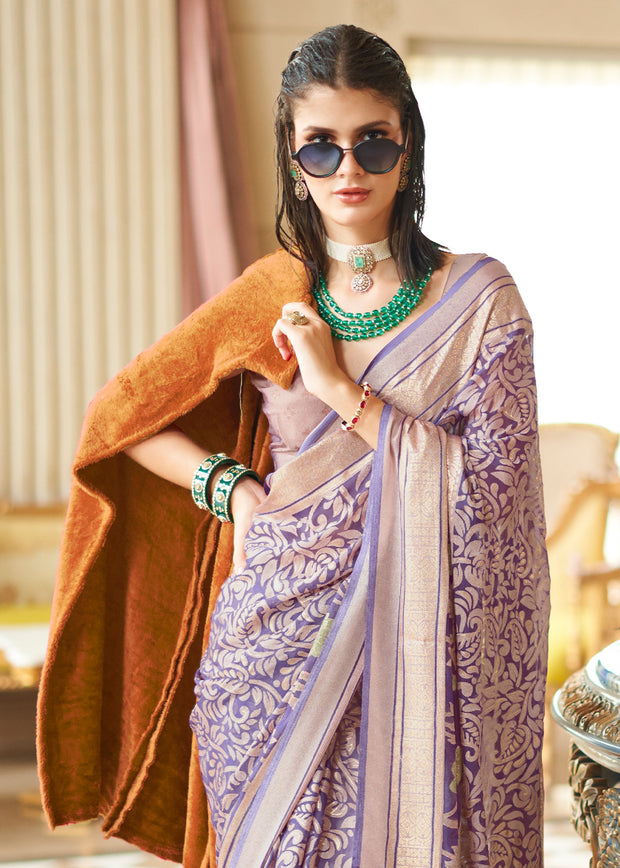 Wisteria Purple Printed Georgette Silk Saree