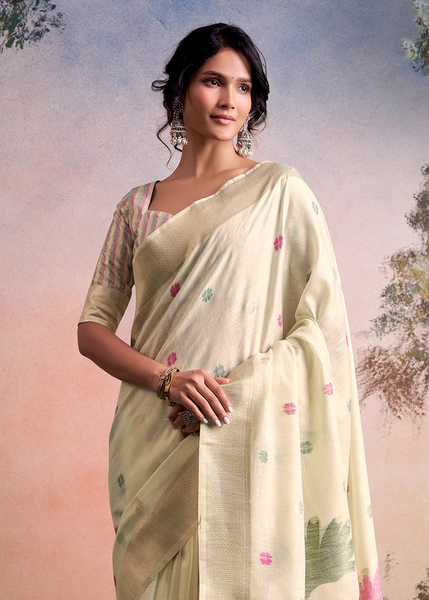 Snow White Woven Linen Cotton Silk Saree