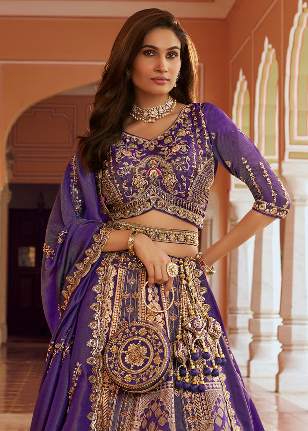 Purple Banarasi Silk Embroidered Lehenga