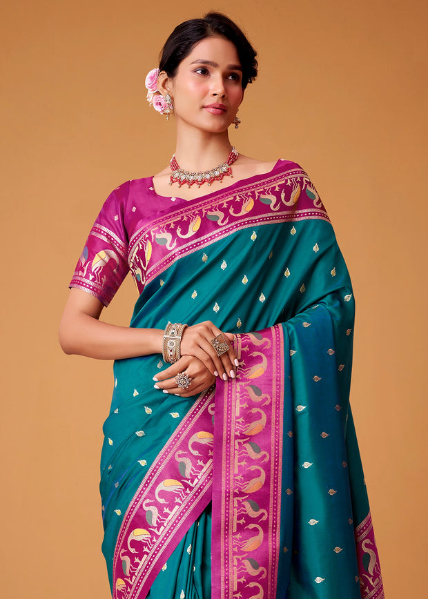 Teal Blue Woven Banarasi Silk Saree