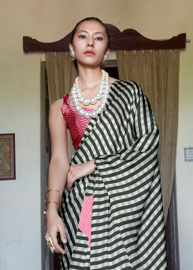 Black White Stripe Printed Satin Crepe Saree