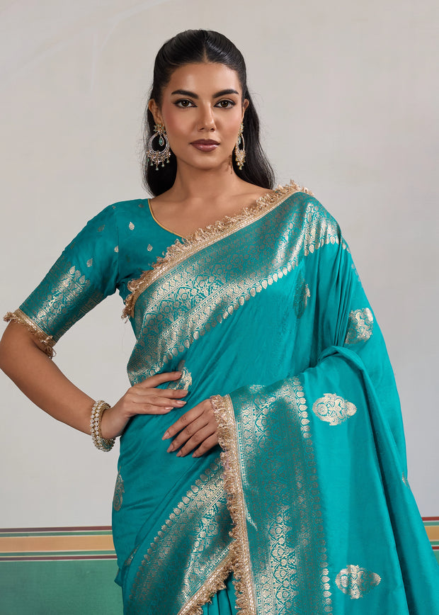 River Blue Woven Banarasi Satin Silk Saree