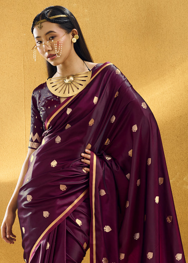 Wine Purple Woven Banarasi Satin Silk Saree