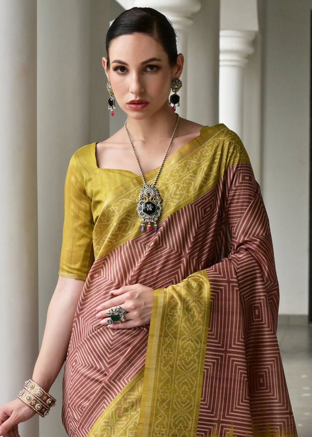 Dusty Mauve & Yellow Printed Tussar SIlk Saree