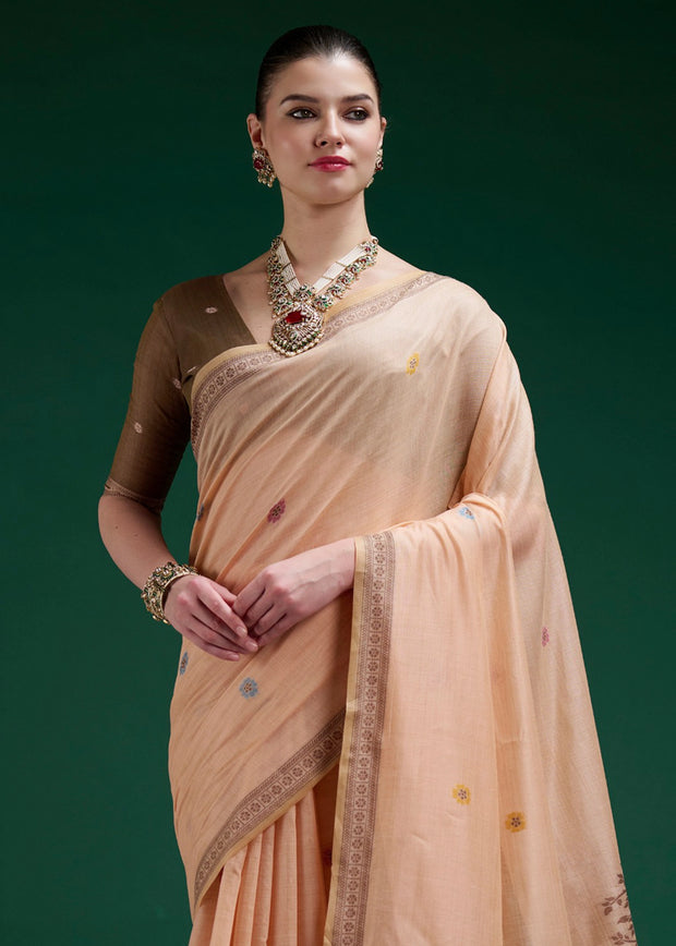 Peach Woven Cotton Jamdani Saree