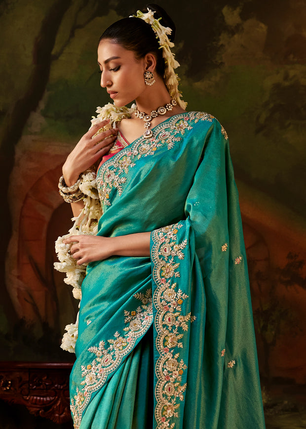 Peacock Green Embroidered Tissue Saree