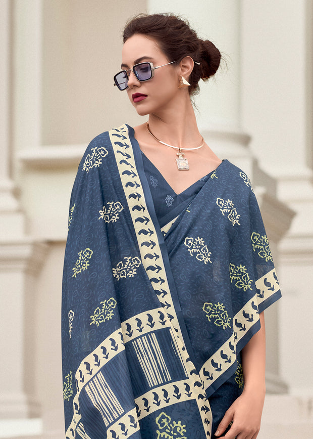 Fedral Blue Printed Cotton Silk Saree