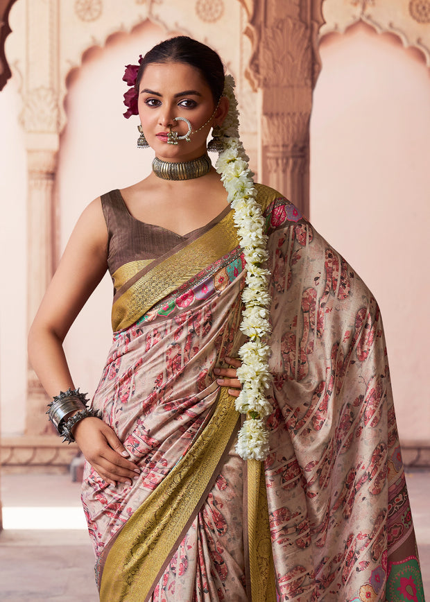 Rose Brown Banarasi Digital Printed Silk Saree