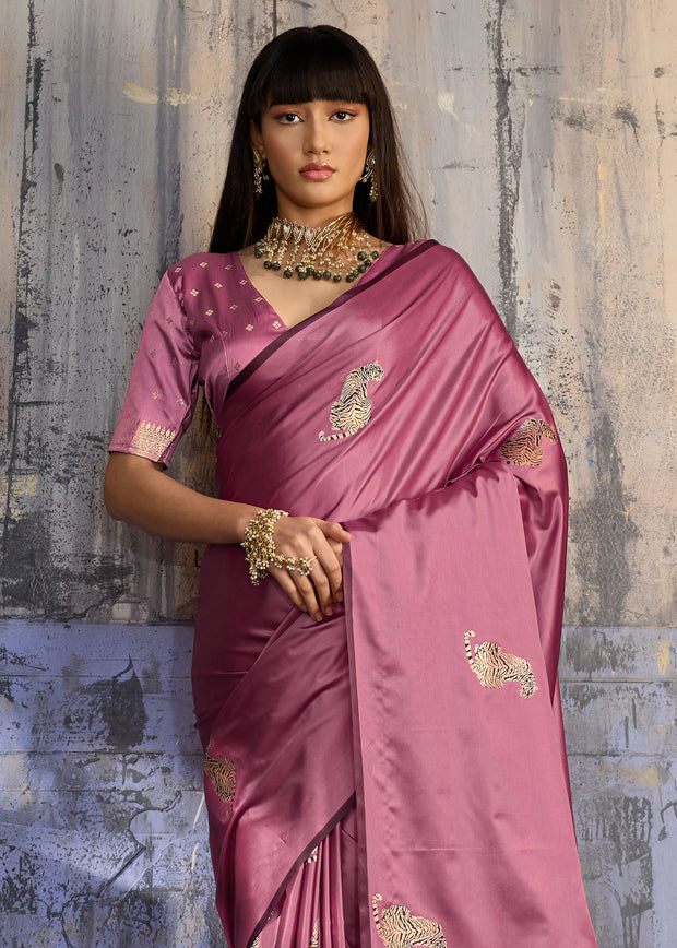 Mauve Pink Woven Banarasi Satin Silk Saree