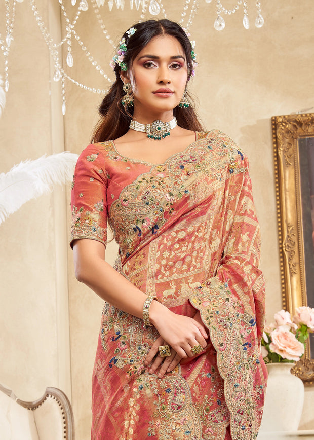Peach Pink Embroidered Designer Saree