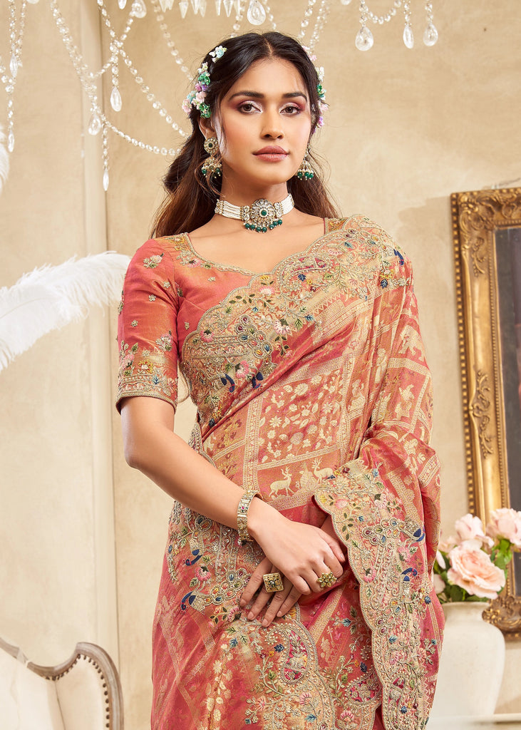 Peach Pink Embroidered Designer Saree