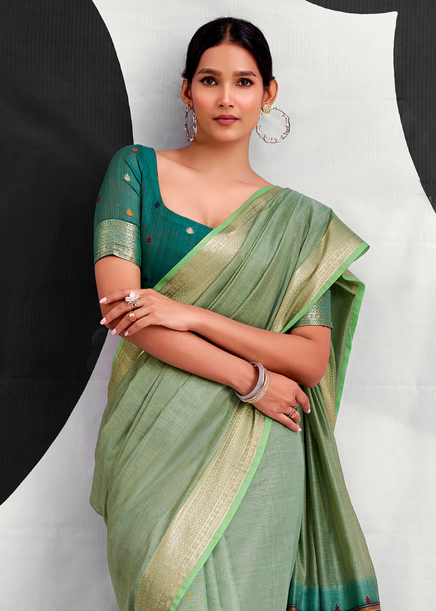 Mist Green Woven Linen Cotton Silk Saree