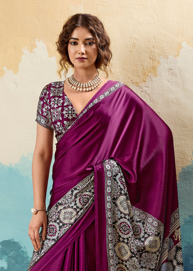 Wine Purple Printed Satin Silk Saree