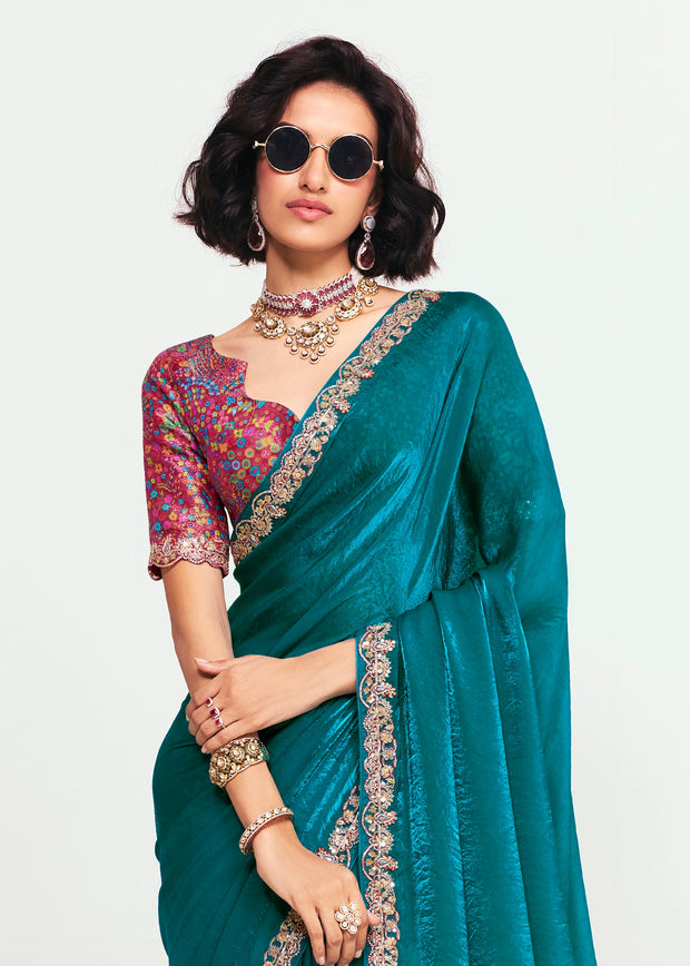 Teal Blue Designer Embroidered Tissue Saree