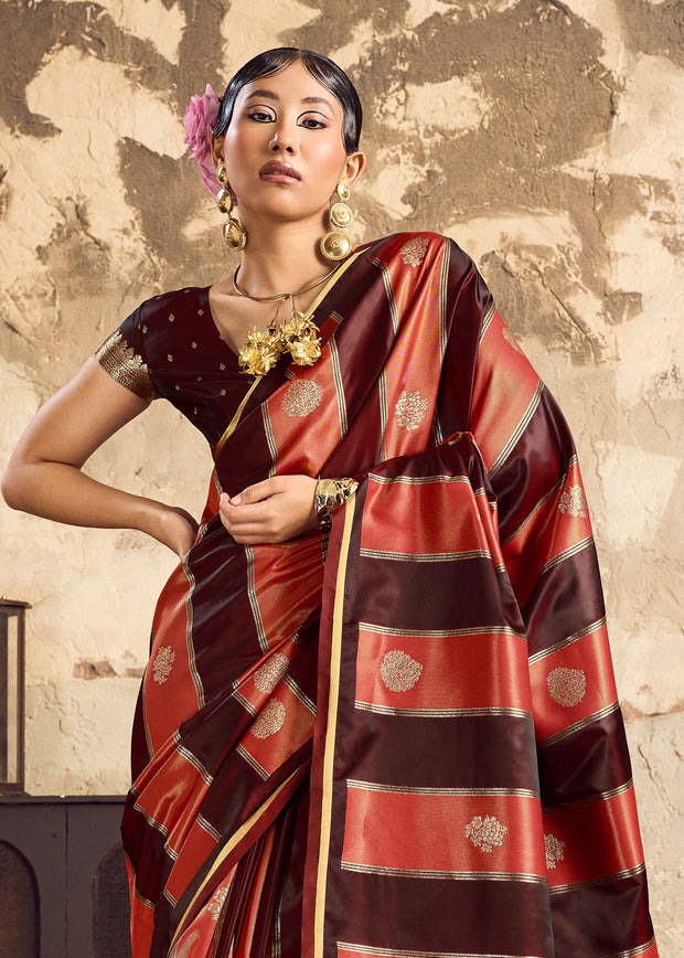Coffee Brown Rangkat Satin Silk Saree