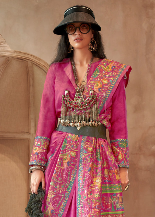Carmine Pink Madhubani Printed Saree