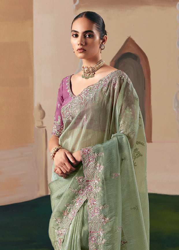 Sage Green Embroidered Designer Saree