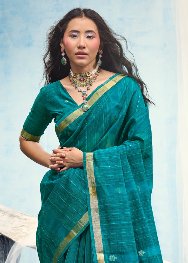 Teal Blue Woven Cotton Silk Saree
