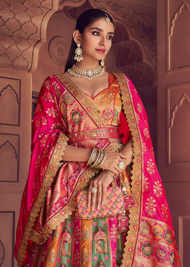 Pink And Orange Banarasi Silk Embroidered Lehenga