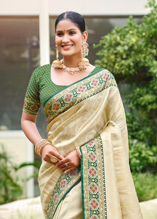 Beige Green Woven Banarasi Silk Saree