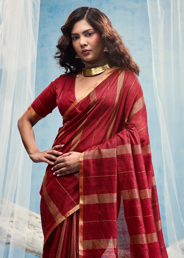 Red Woven Munga Cotton Saree