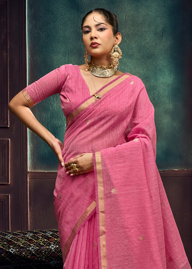 Carnation Pink Woven Cotton Silk Saree