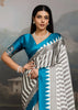 Ocean Blue And White  Printed Satin Silk Saree