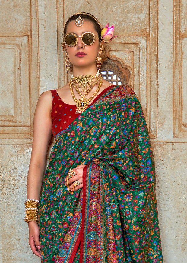 Hunter Green Printed Kashmiri Jamewar Saree