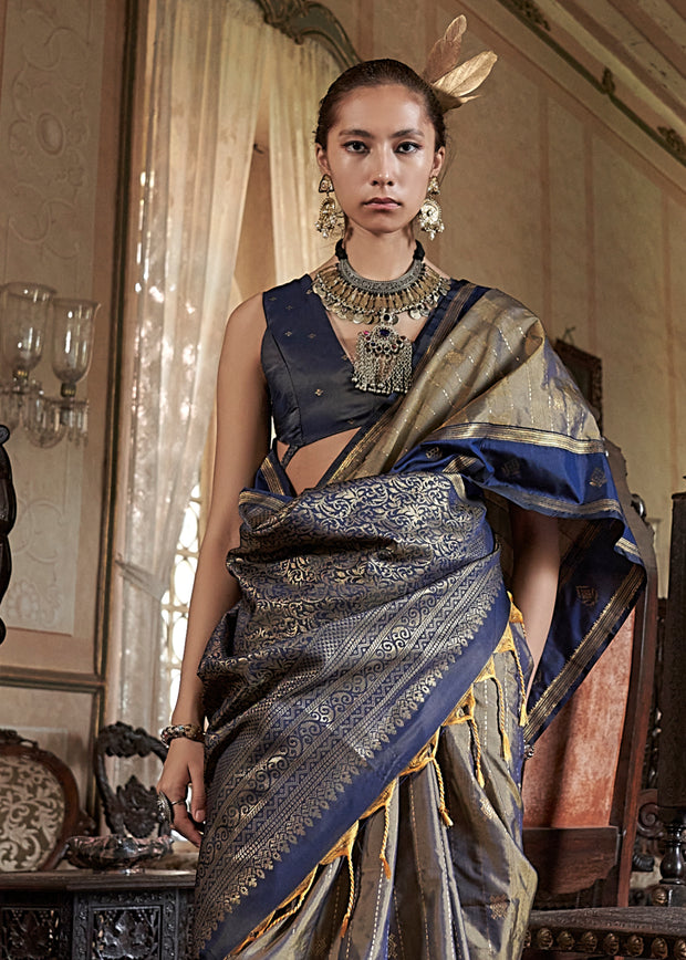 Slate Grey Banarasi Tussar Silk Saree