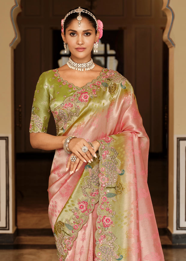 Pink & Green Designer Embroidered Silk Saree