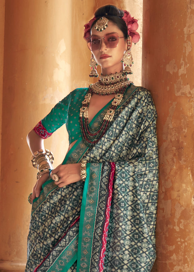 Aqua Green Printed Patola Silk Saree