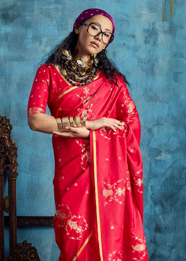Vermilion Red Woven Banarasi Satin Silk Saree