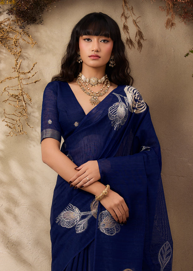 Deep Blue Woven Soft Silk Saree