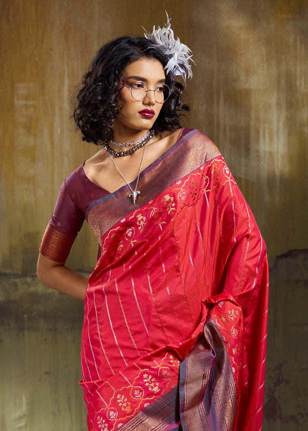 Raspberry Red Woven Banarasi Silk Saree