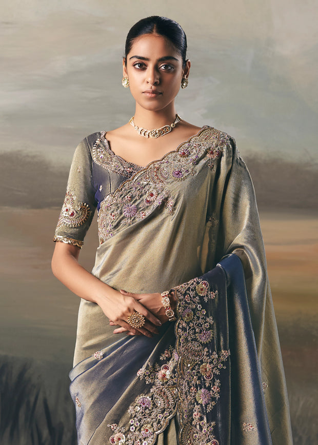 Golden Blue Tissue Embroidered Wedding Wear Saree