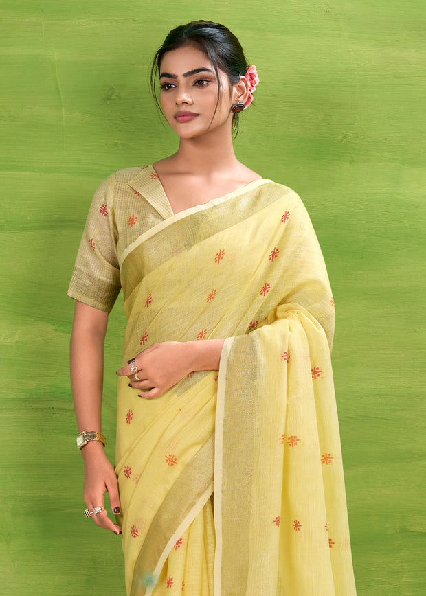 Pastel Yellow Woven Linen Silk Saree